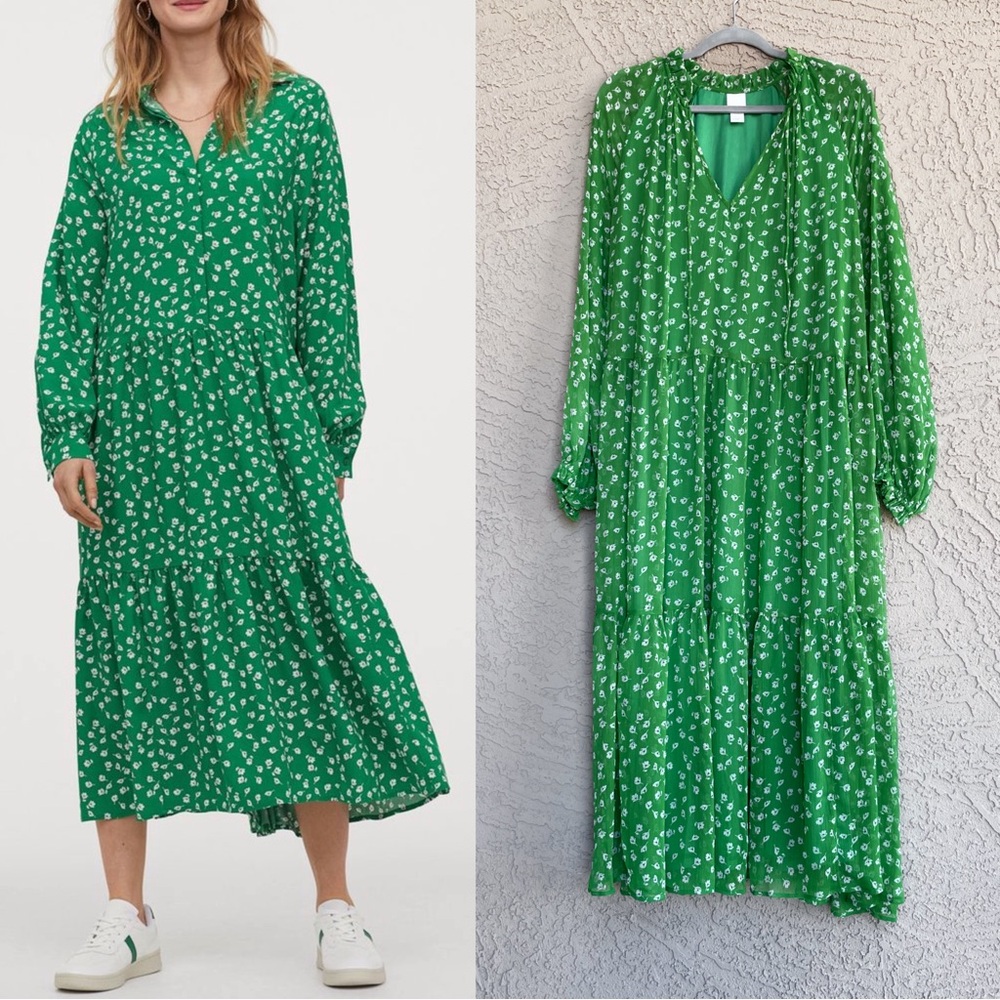 H&M Green & White Does Ditsy Floral Printed Long Sleeve Flowy Chiffon Maxi Dress - Picture 10 of 10